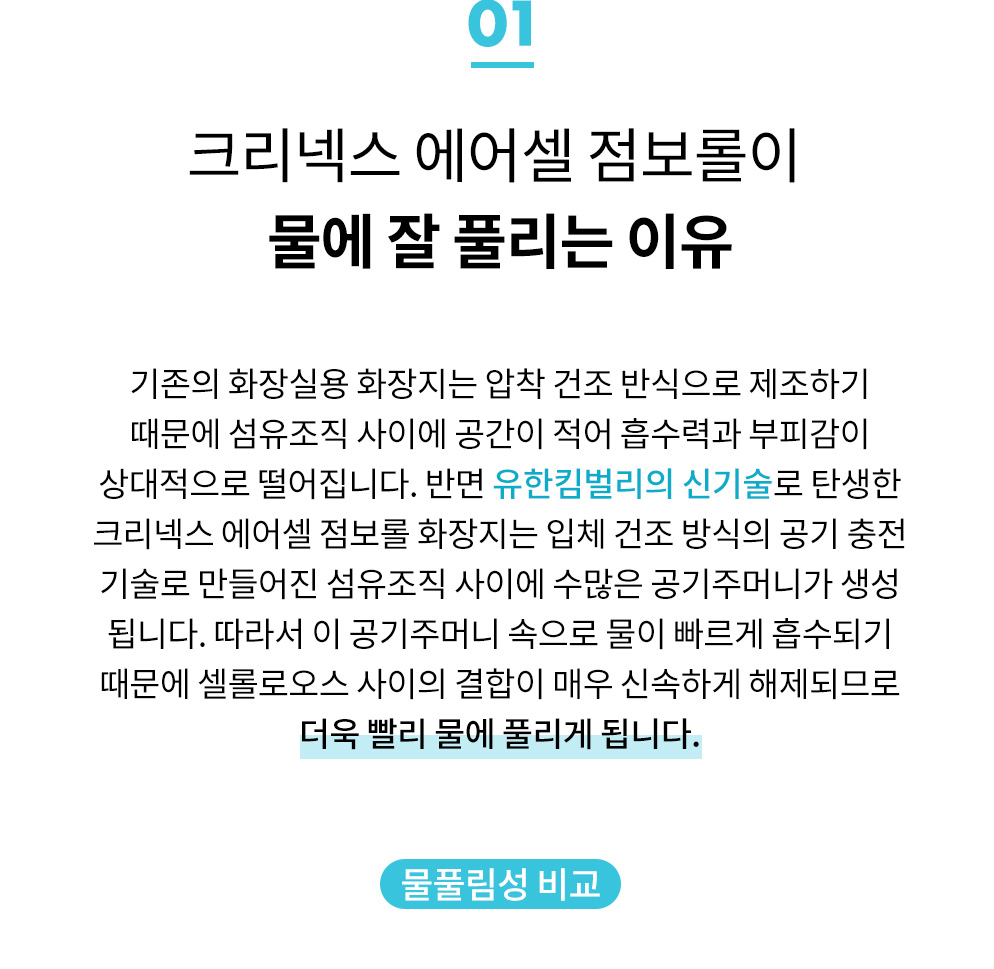 1 - 에어셀 공법 (셀룰로오스 사이의 결합이 매우 신속하게 해제되므로 더욱 빨리 물에 풀리게 됩니다.)